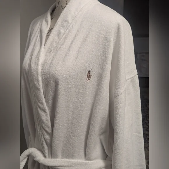 Mens Polo Ralph Lauren Bath Robe Size L/XL White Terry Cloth Pony Horse - Picture 6 of 14